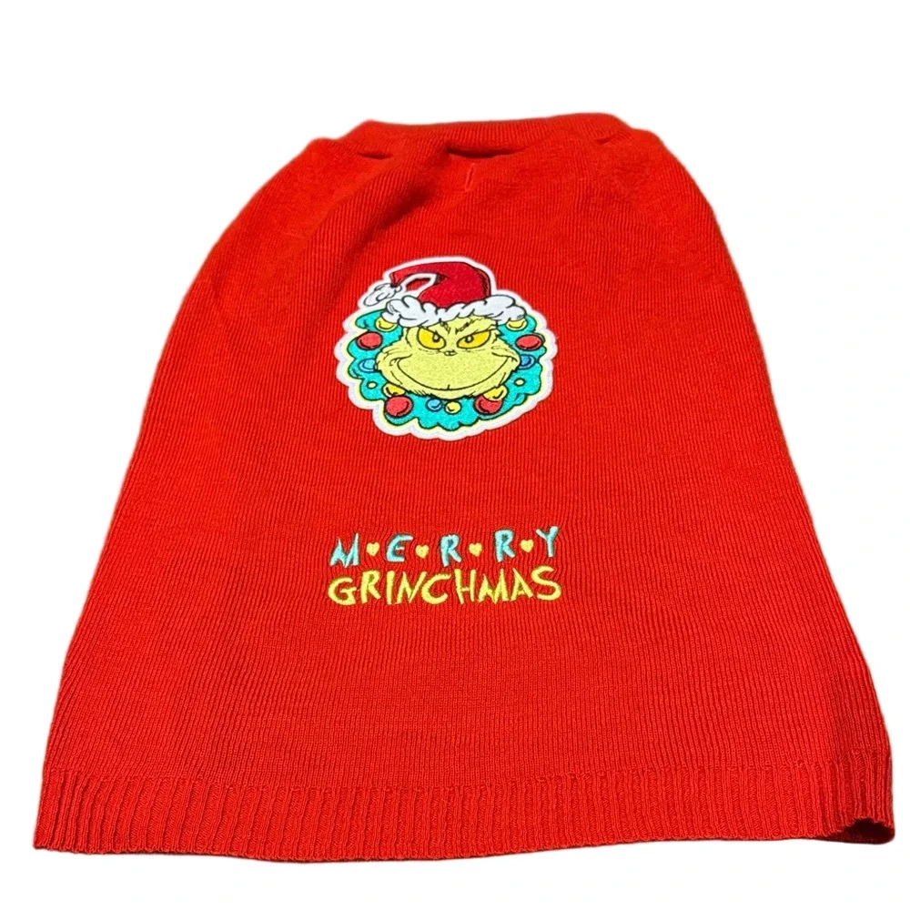 Dr. Seuss Red Grinch Dog Sweater with Merry Grinchmas” saying